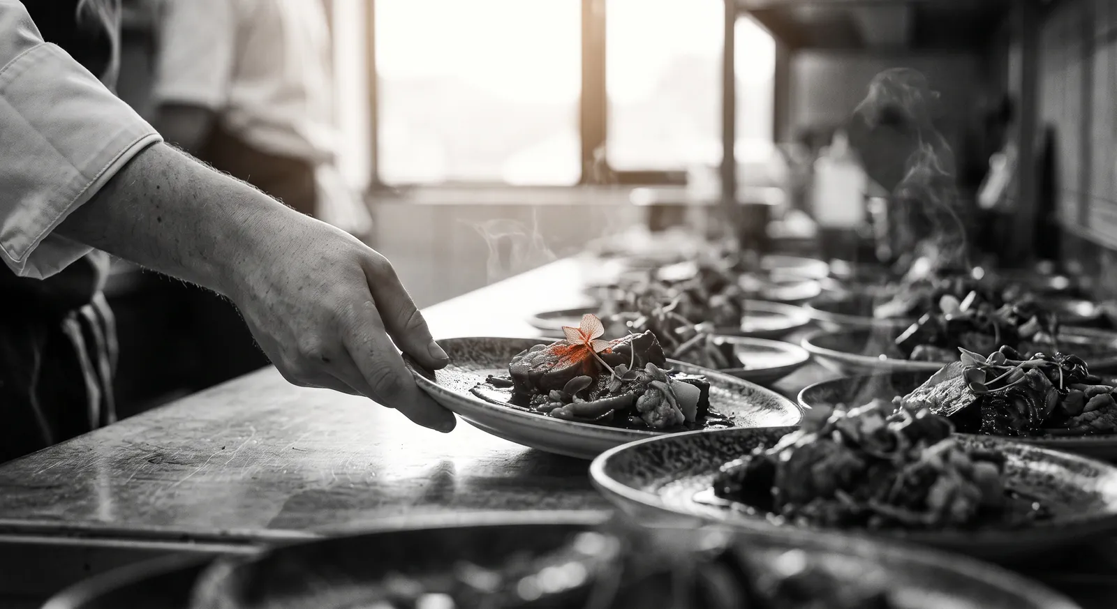 A chef plating a dish finished with a bright garnish, more plates lined up down the pass