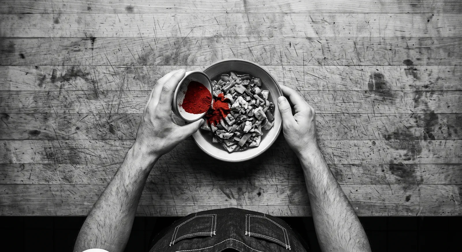 A hand pouring paprika into a bowl of prepared ingredients