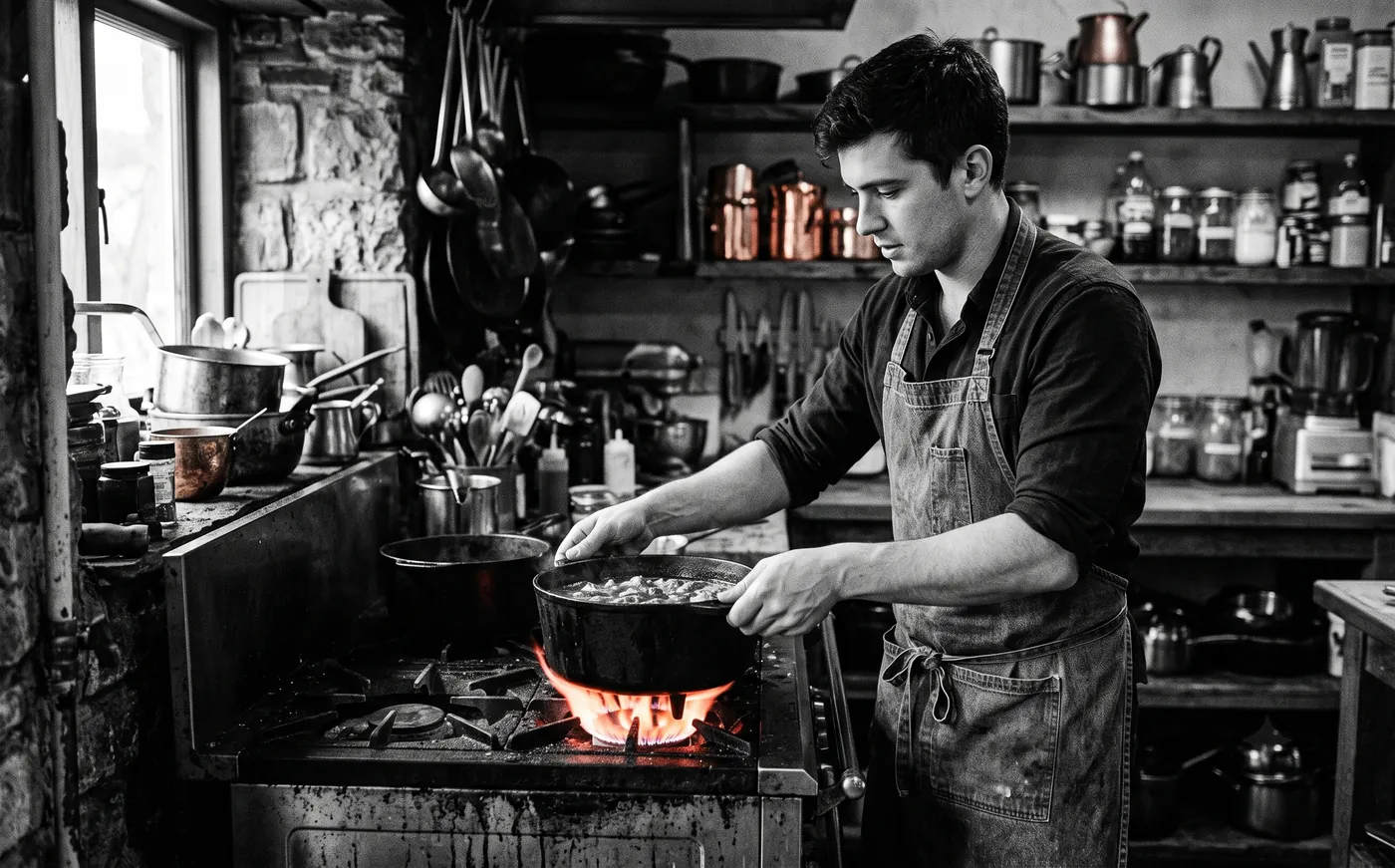 A chef setting a pot over a lit burner in a warm, well-stocked kitchen