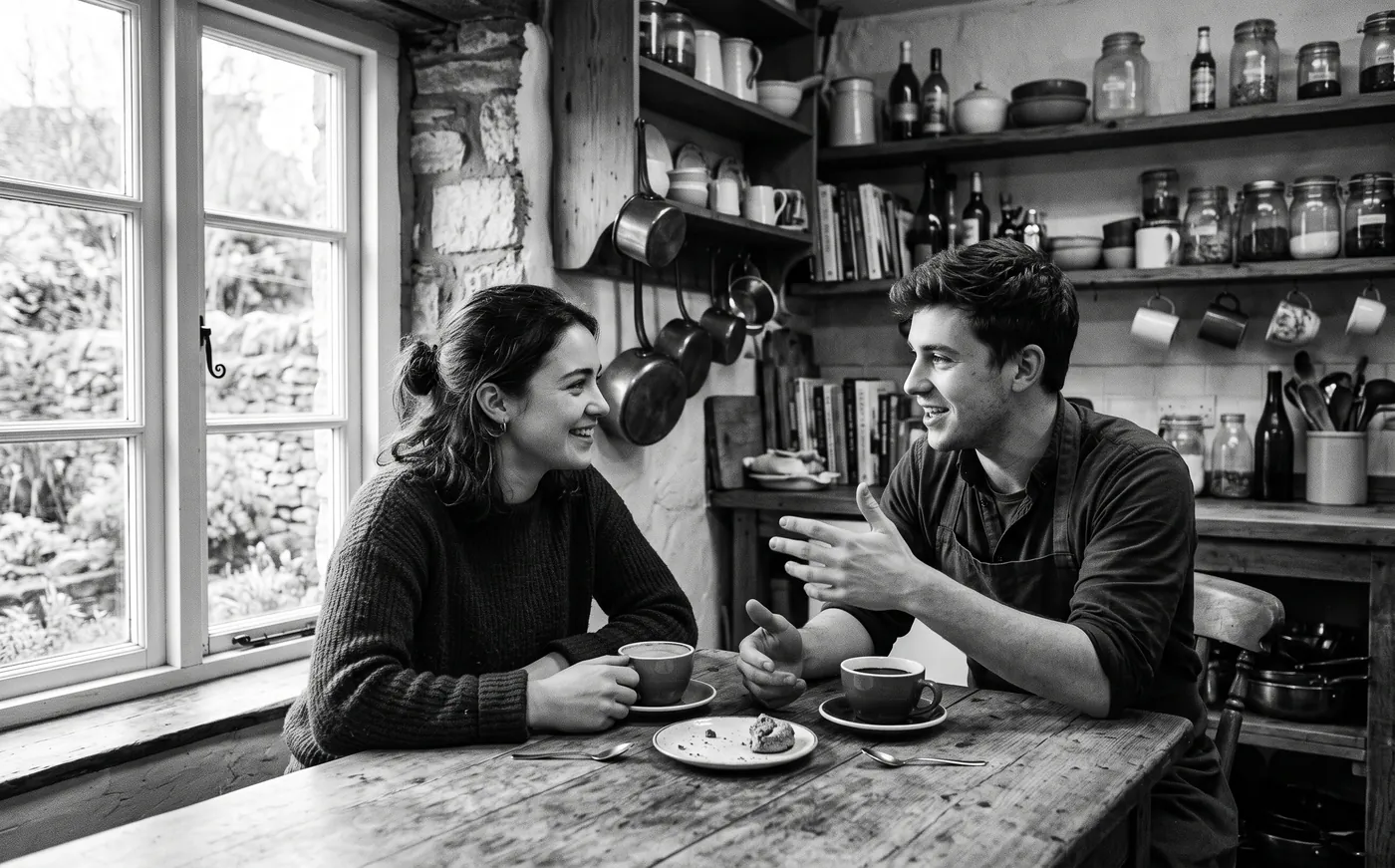 Two people talking over coffee at a kitchen table, mid-conversation
