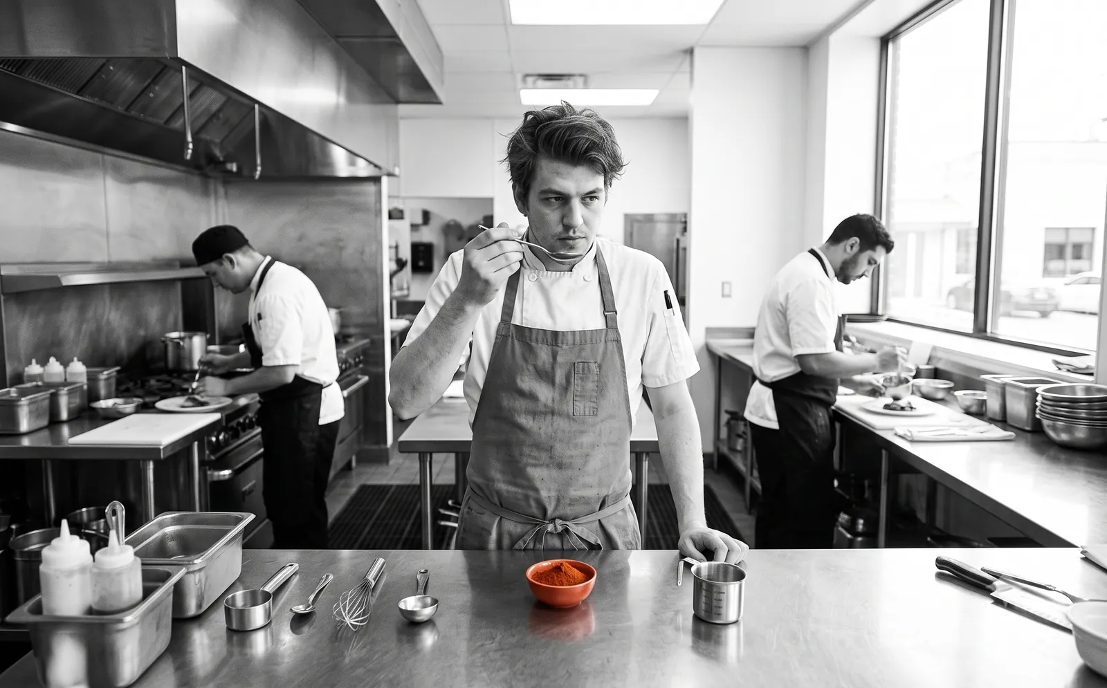 A head chef tasting a dish at the pass, a bowl of bright paprika on the counter, the kitchen working behind